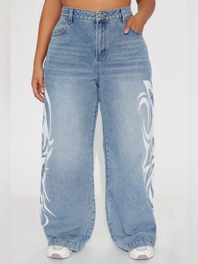 Y2K Tribal Print Wide-Leg Baggy Jeans Size 15 NWT Streetwear Denim